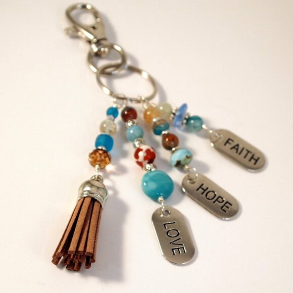 Inspirationally Beaded Tassel Purse Charm Bohemian Key-chain Hope Love Faith - Picture 1 of 6